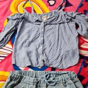 Blue Striped Kids Off-Shoulder Top